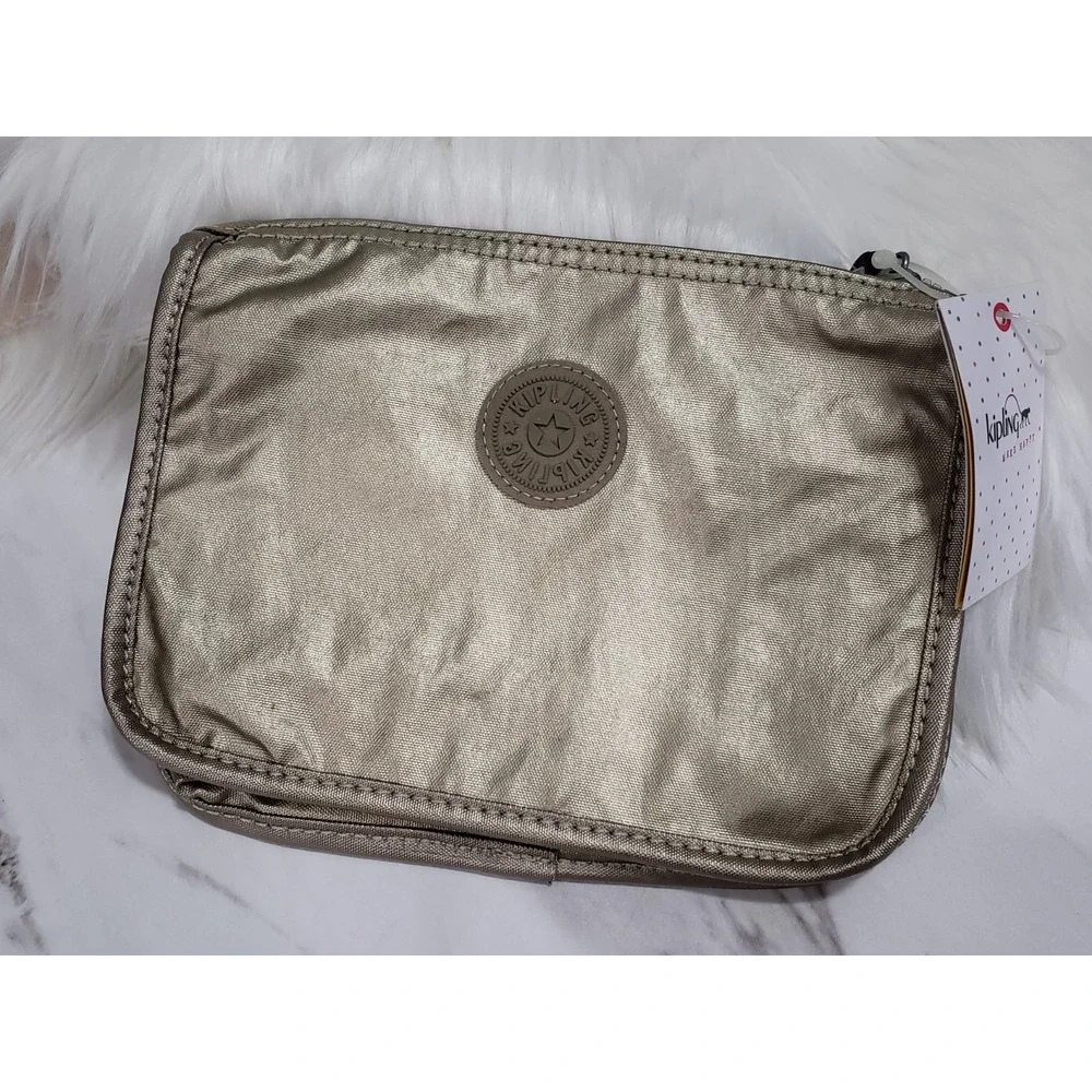 NEW Kipling‎ Harrie makeup pouch metallic Stone beige tuape gold AC8257